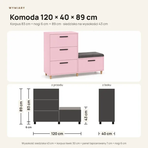 Komoda do przedpokoju z siedziskiem - Różowy