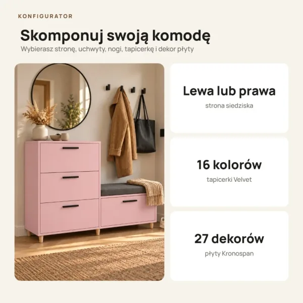 Komoda do przedpokoju z siedziskiem - Różowy