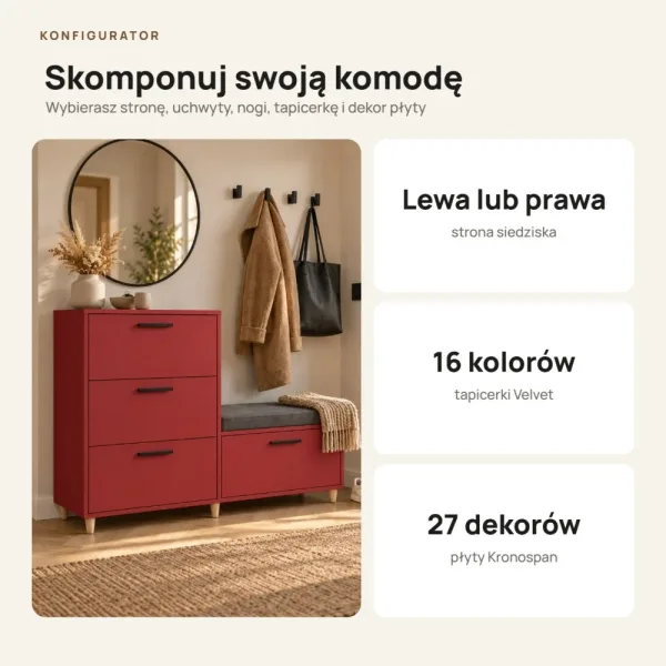 Komoda do przedpokoju z siedziskiem - Czerwony