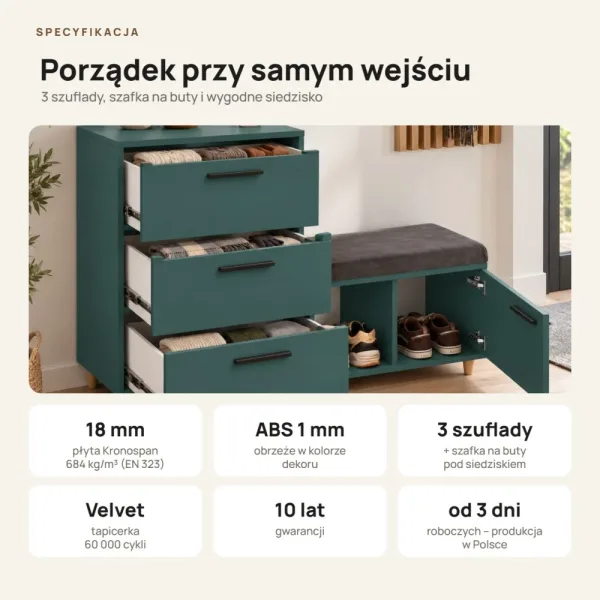 Komoda do przedpokoju z siedziskiem - Zielony