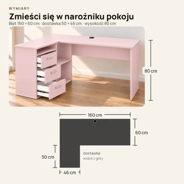 Biurko lekarskie narożne z szufladami - Różowe