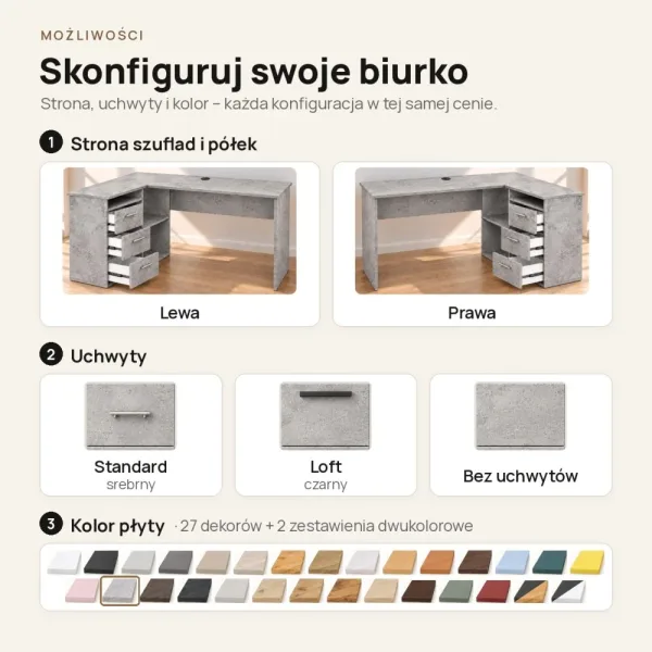 Biurko lekarskie narożne z szufladami - Beton