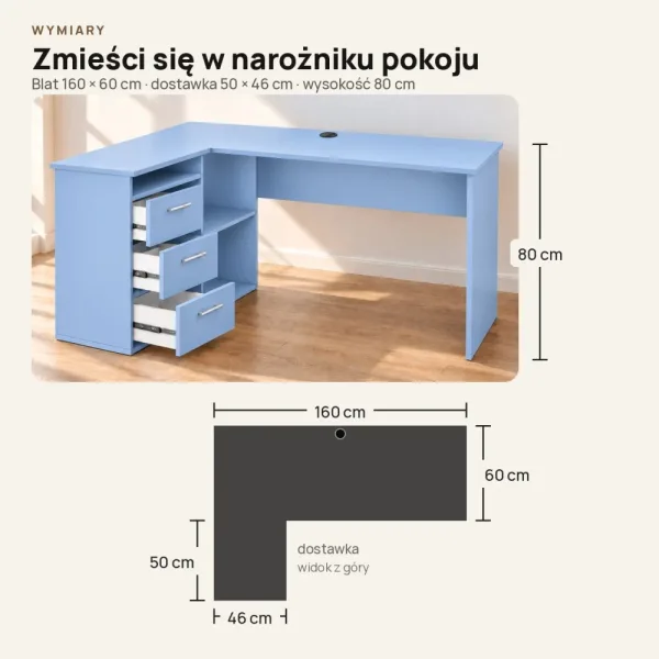 Biurko lekarskie narożne z szufladami - Niebieskie