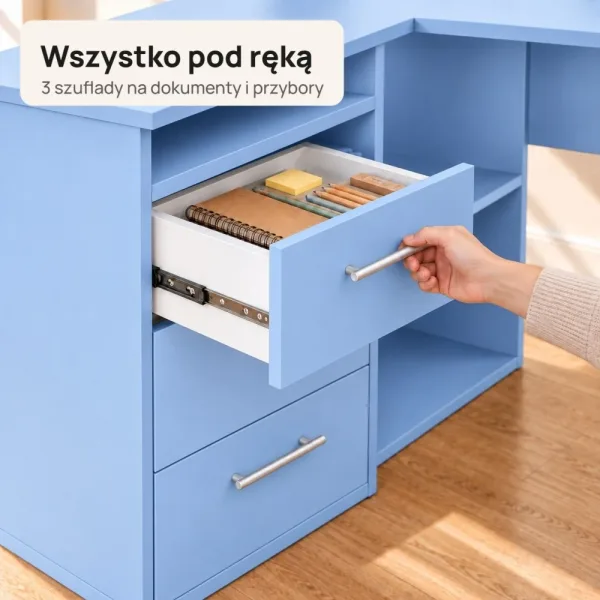 Biurko lekarskie narożne z szufladami - Niebieskie
