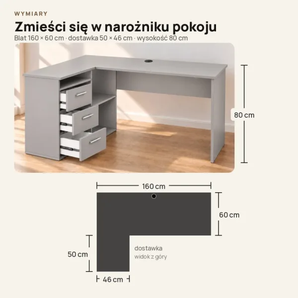 Biurko lekarskie narożne z szufladami - Szare