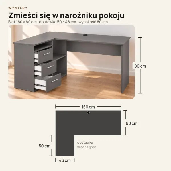 Biurko lekarskie narożne z szufladami - Grafit