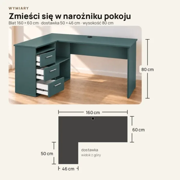 Biurko lekarskie narożne z szufladami - Zielone