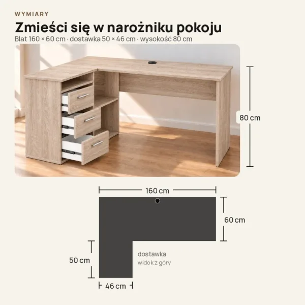 Biurko lekarskie narożne z szufladami - Dąb Sonoma