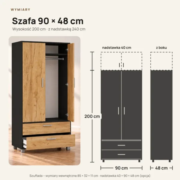 Szafa z szufladami Kamil - Czarny / Dąb Złoty
