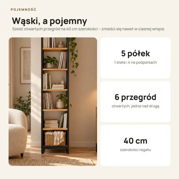 Regał metalowy pojedynczy Czarny/ Dąb Złoty - kolekcja Metalove