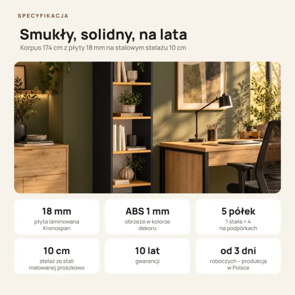 Regał metalowy pojedynczy Czarny/ Dąb Złoty - kolekcja Metalove