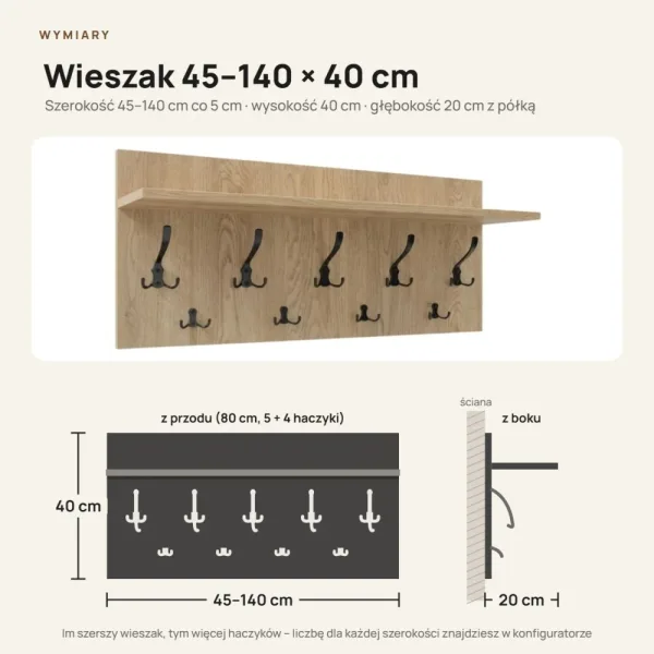 Wieszak ścienny - Dąb Cremona - Na ubrania