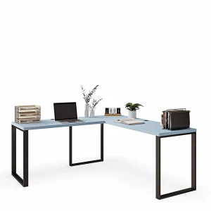 Klimatyczne biurko narożne w stylu loft niebieskie z dużą ilością miejsca do pracy.webp