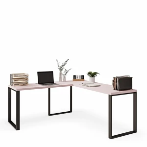 Eleganckie biurko narożne loftowe różowe w jasnej przestrzeni.webp
