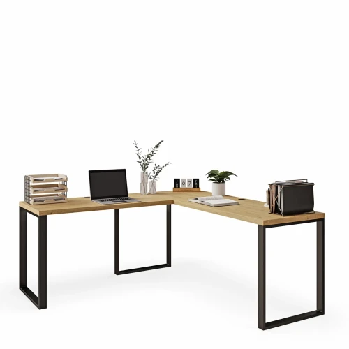 Praktyczne biurko narożne w stylu loft dąb kamiennyz miejscem na komputer.webp