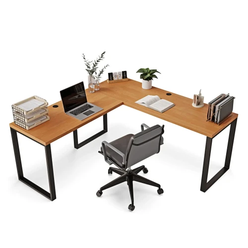 Biurko narożne loft olcha z dużą powierzchnią roboczą i wygodnym krzesłem.webp