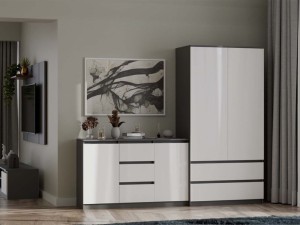 Komoda z 3 szufladami i półkami Biała/Antracyt