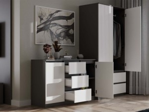 Komoda z 3 szufladami i półkami Biała/Antracyt