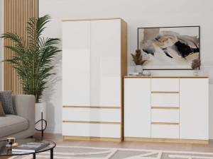 Komoda z 3 szufladami i półkami - Biała/Dąb Artisan