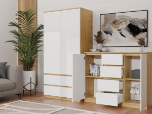 Komoda z 3 szufladami i półkami - Biała/Dąb Artisan