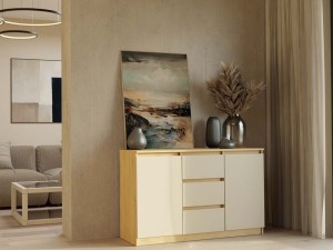 Komoda z 3 szufladami i półkami - Dąb Artisan/Kaszmir/Beż