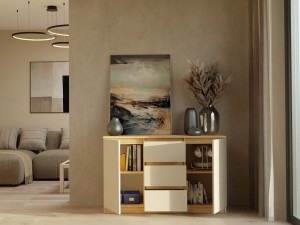 Komoda z 3 szufladami i półkami - Dąb Artisan/Kaszmir/Beż