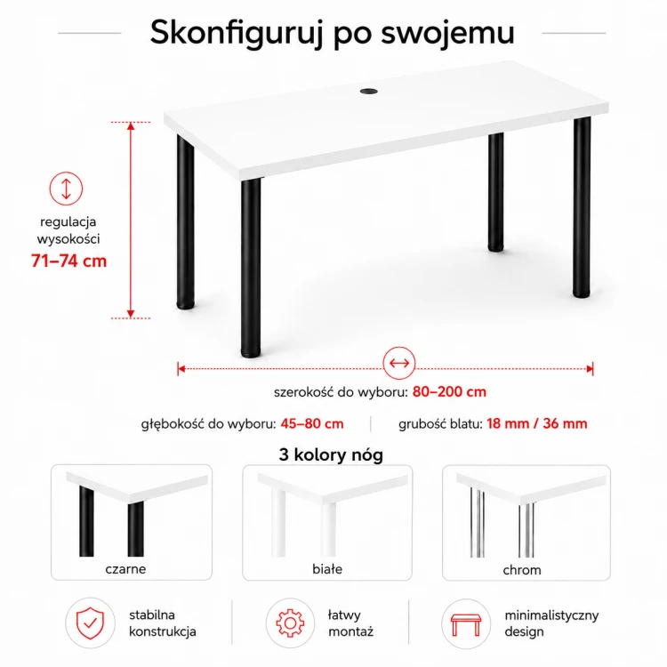 Biurko komputerowe Iron - Białe - wymiary