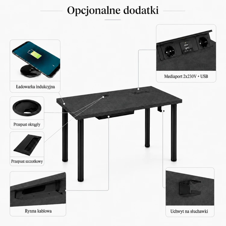 Biurko komputerowe Iron - Beton czarny 2 - opcjonalne dodatki