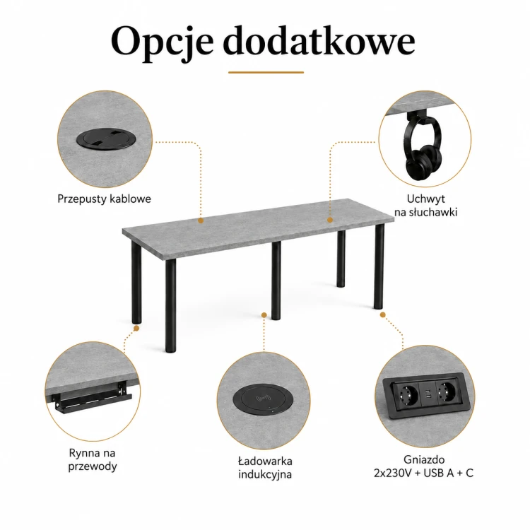 Biurko Iron Duo Beton – opcje dodatkowe: przepusty kablowe, rynna na przewody, ładowarka indukcyjna, gniazdo 2x230V z USB A i C, uchwyt na słuchawki