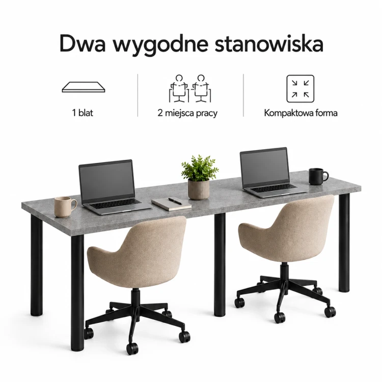Biurko podwójne Iron Duo Beton – jeden blat, dwa miejsca pracy, kompaktowa forma do biura i home office