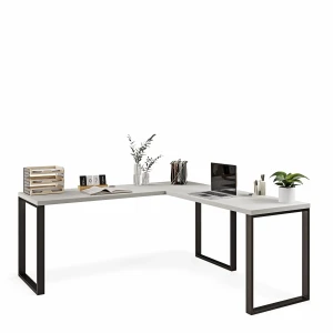 Przestronne biurko narożne loft szare z akcesoriami biurowymi .webp