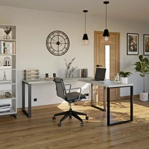 Stylowe biurko narożne loft szare w industrialnej przestrzeni.webp