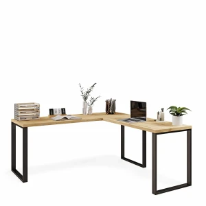 Biurko narożne loftowe dąb złoty z ciekawymi akcesoriami biurowymi.webp