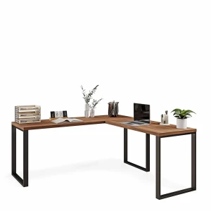 Wyjątkowe biurko narożne w stylu loft orzech z metalowymi detalami.webp
