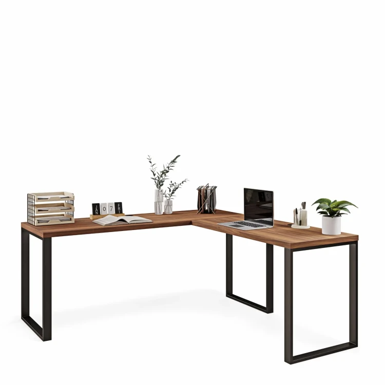 Wyjątkowe biurko narożne w stylu loft orzech z metalowymi detalami.webp