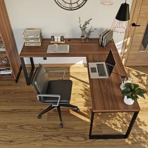 Loftowe biurko narożne orzech z wystrojem industrialnym.webp