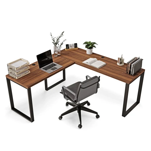 Biurko narożne w stylu loft orzech z surowym betonowym tłem.webp