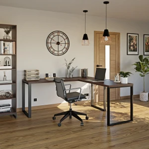 Nowoczesne biurko narożne loft wenge z dekoracjami wnętrza.webp