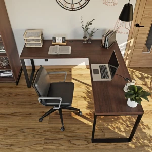 Funkcjonalne biurko narożne w stylu loft wenge z miejscem na książki.webp