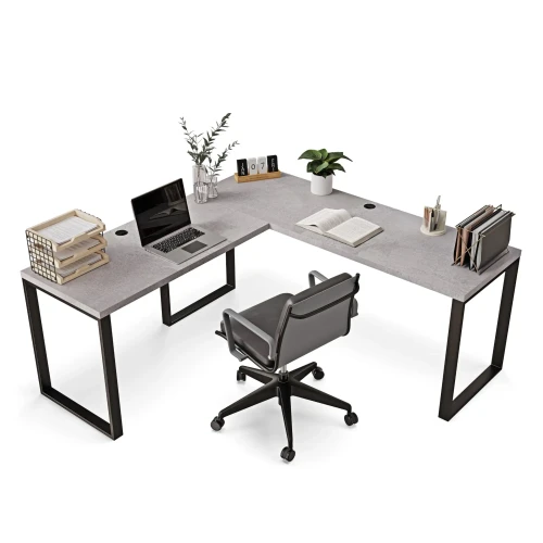 Biurko narożne loft beton z vintage krzesłem w tle.webp