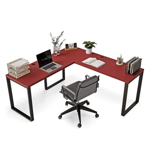 Praktyczne biurko narożne loft czerwone z miejscem na urządzenia elektroniczne.webp