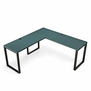 Eleganckie biurko narożne w stylu loft zielone z przemyślanym układem przestrzeni.webp