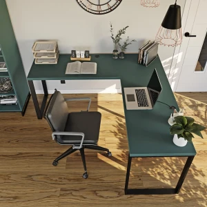 Biurko narożne loft zielone z wygodnym miejscem do pracy i wypoczynk.webp