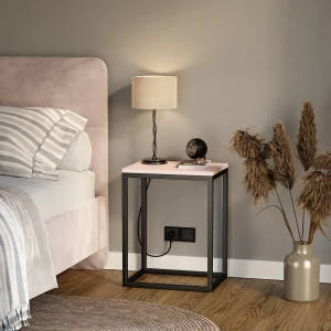 Stolik nocny loftowy Indri - różowy - wizualizacja w sypialni.webp