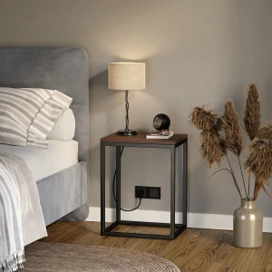 Stolik nocny loftowy Indri - wenge w sypialni obok łóżka.webp