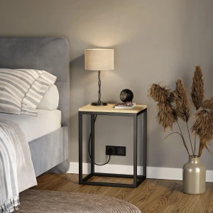 Piękny stolik nocny loftowy Indri - dąb artisan  obok łóżka .webp