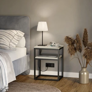 Stolik nocny z półką loftowy - szary - wizualizacja w sypialni.webp