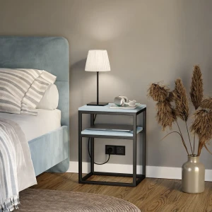 Stolik nocny z półką loftowy - niebieski - wizualizacja sypialnia.webp